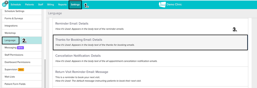 An image of the navigational steps to view and update the language for the thanks for booking notification sent out to patients after they've booked an appointment