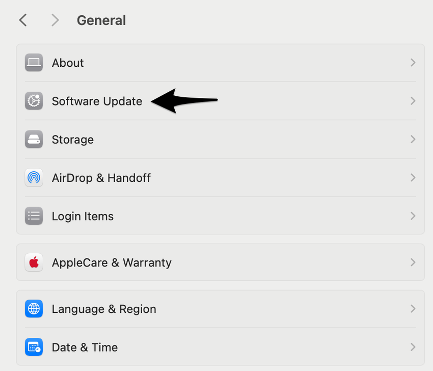 Screenshot on how to select "Software Update" from the "General" Apple settings
