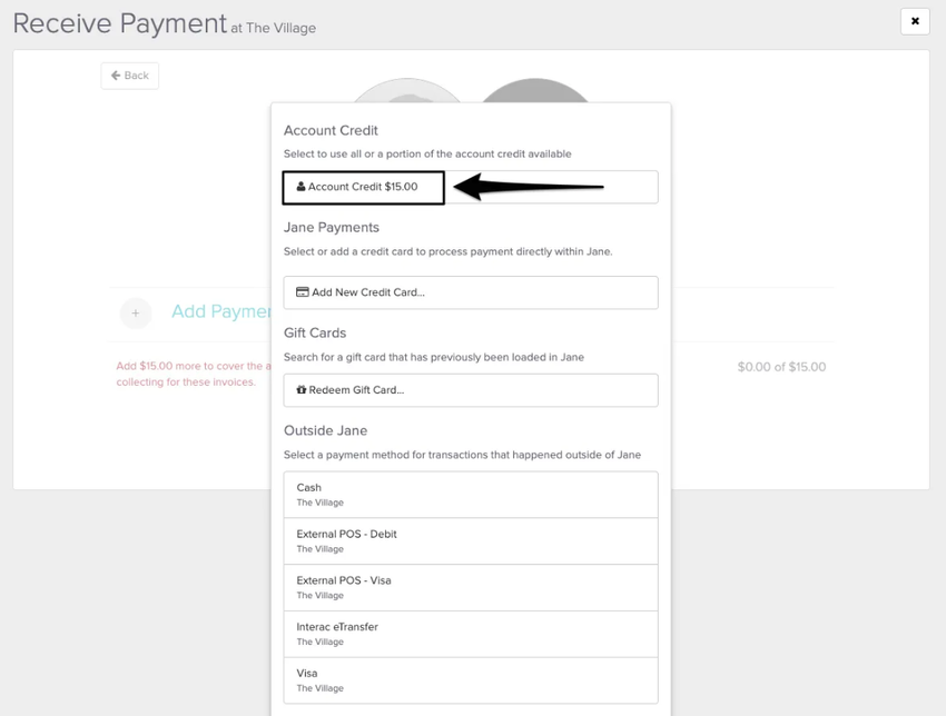 An image of the pop up window displaying the credit as a payment option