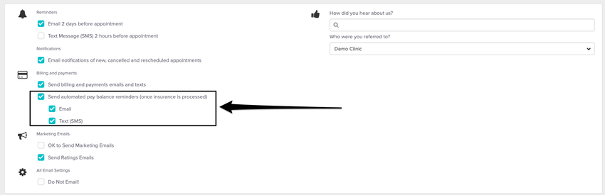 An image of where to view and deselect the option to receive either email or text messages about outstanding balances