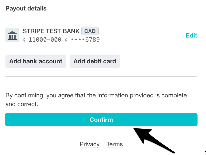 An image of the payout details with an arrow pointing to the blue confirm button