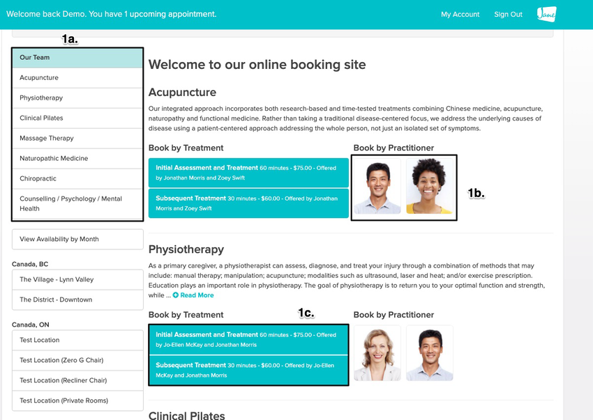 screenshot of where the disciplines appear on the left in addition to where to click to view the treatments and the staff profile pictures