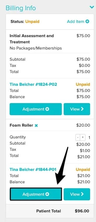 an image of where to view and click on the blue Adjustments button within the Appointment Panel