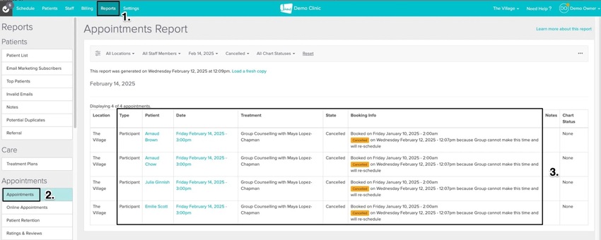 An image of the appointments report filtered to the specific date and appointment state