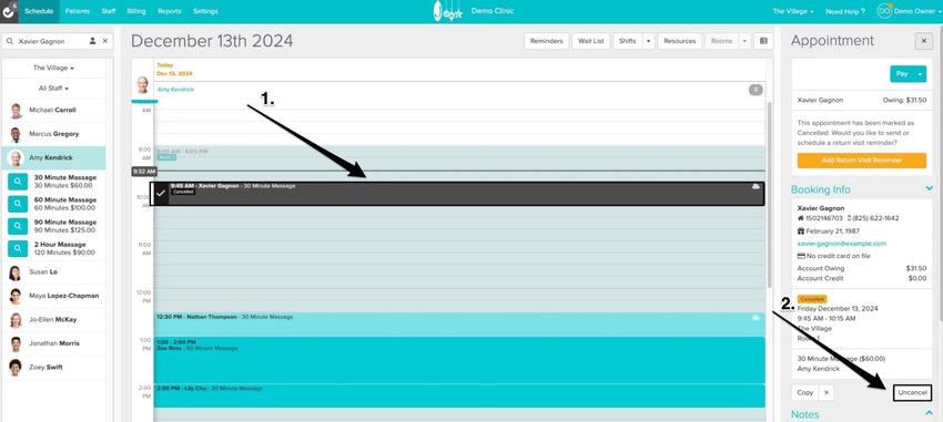 An image of clicking on the black appointment square and where to click within the appointment panel to uncancel the appointment