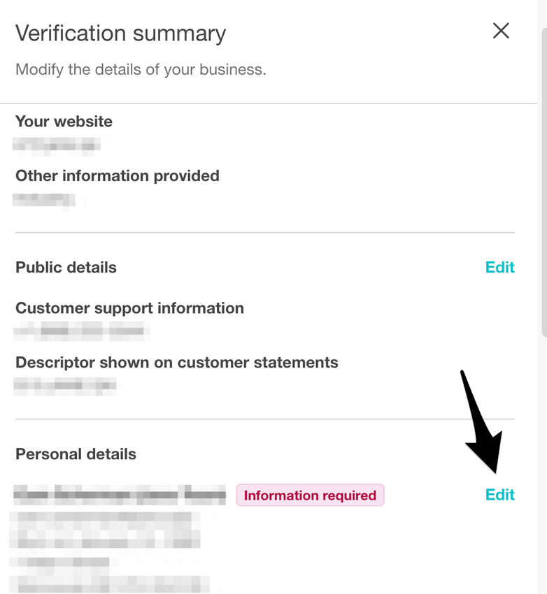 An image of the verification summary page and an arrow pointing to the edit option