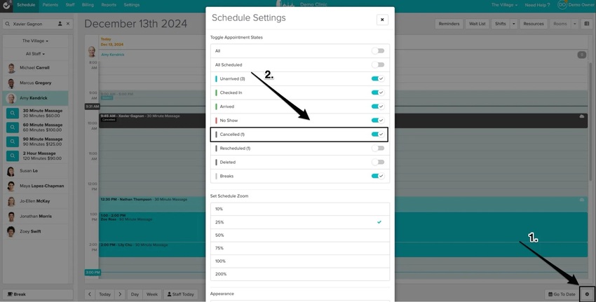 An image of the navigational steps to turn on the cancelled filter within the schedule settings
