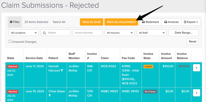 managing claims in the rejected folder