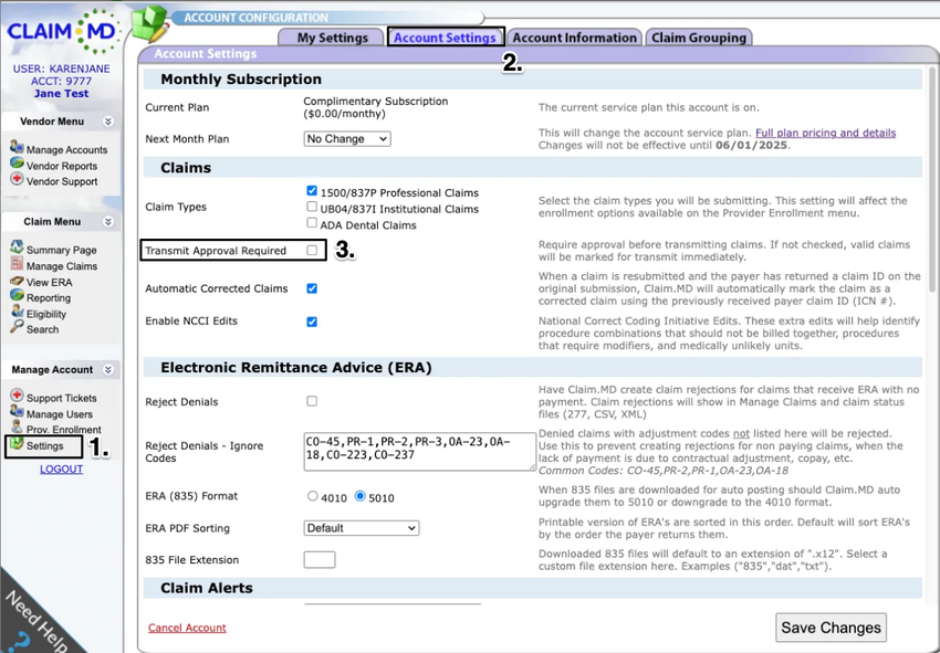 An image of the navigational steps to toggle off the Transmit Approval Required setting within Claim MD
