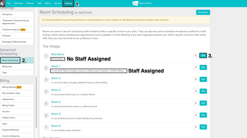 An image of the navigational steps and what the difference looks like between assigned and unassigned rooms