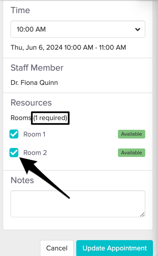 s screenshot of the appointment panel showing the option to check additional resources