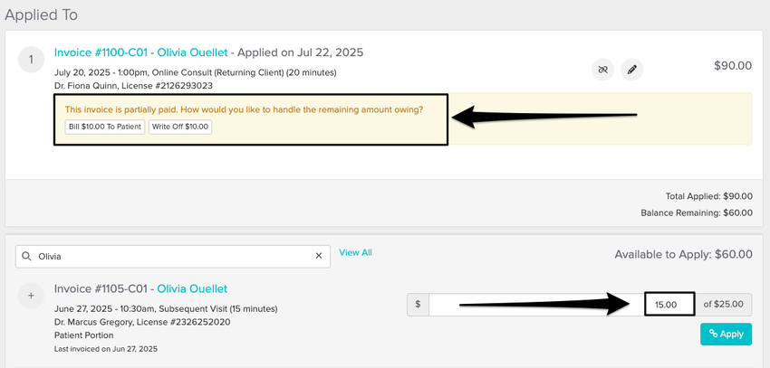 An image of where to enter a partial payment and the option Jane displays to either write off the remaining balance or bill it to the patient