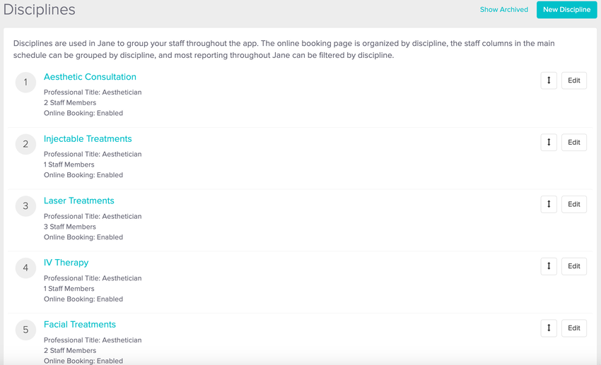 Screenshot of disciplines area