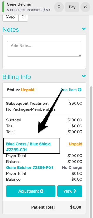 An image of the navigational steps and where to click on the insurer invoice within the appointment panel