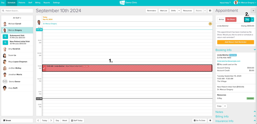 An image of a no show on the schedule and where to find the Pay button on the administrative side of the Jane account