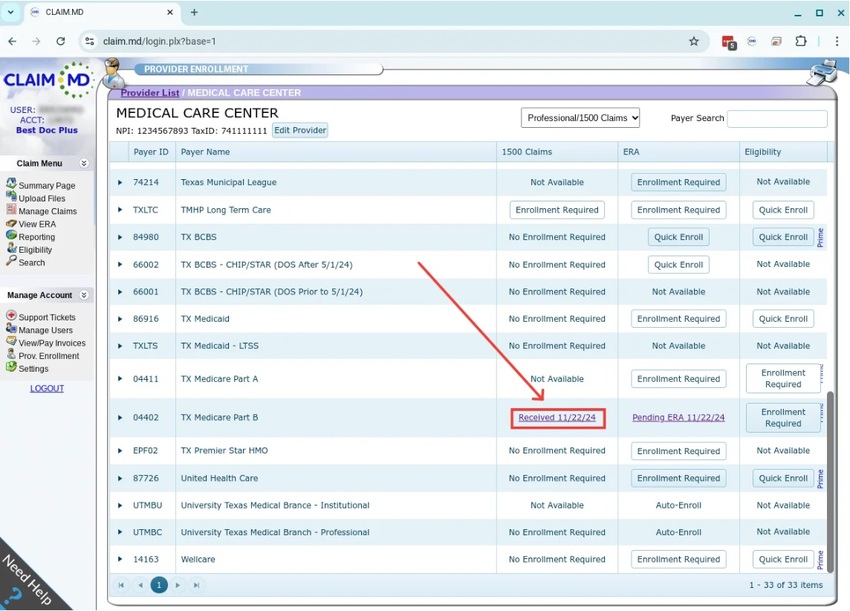 An image of where to fin this information within Claim.MDs platform