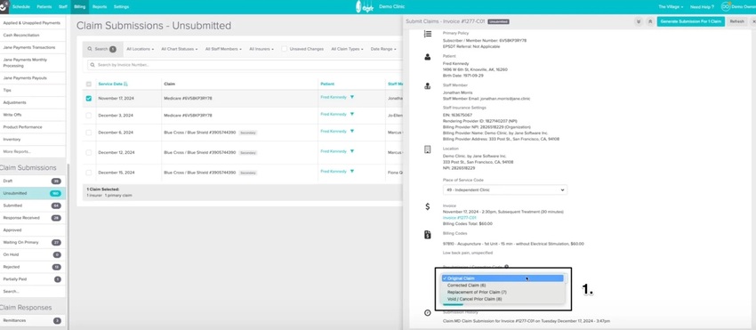 An image of the navigational steps and the dropdown menu options for corrected claims