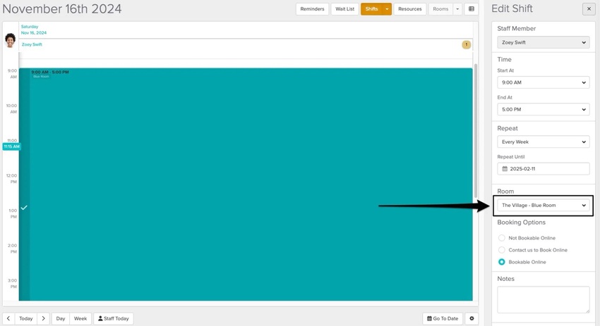 An image of where yo view the room assignment within the edit shift panel