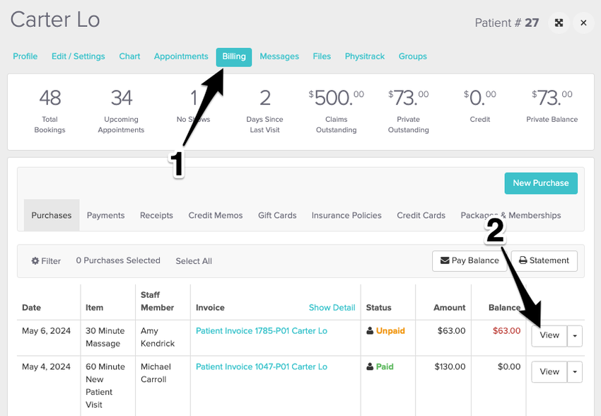 Screenshot of the Billing tab in a Patient Profile