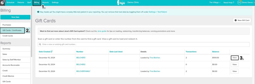 An image of where to view a list of gift cards created across the Jane account