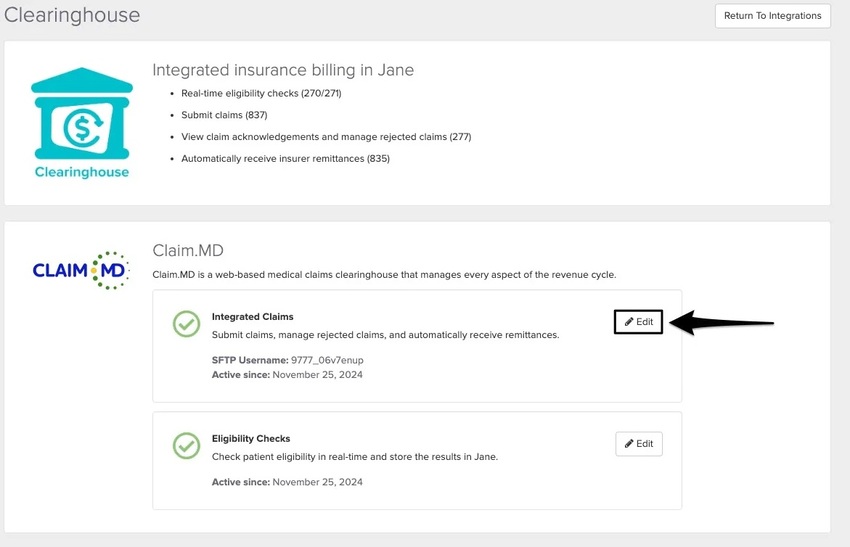 An image of where to view and click on the edit button within the Clearinghouse section