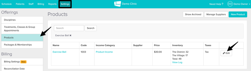 Product List page with Edit button to change Product