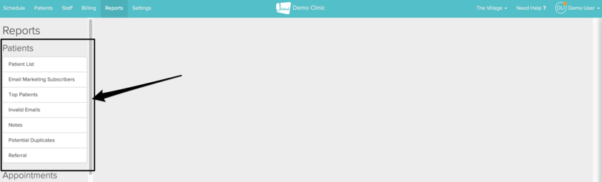 Patient reports menu
