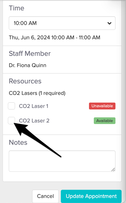 s screenshot of the appointment panel showing the option to uncheck a resource