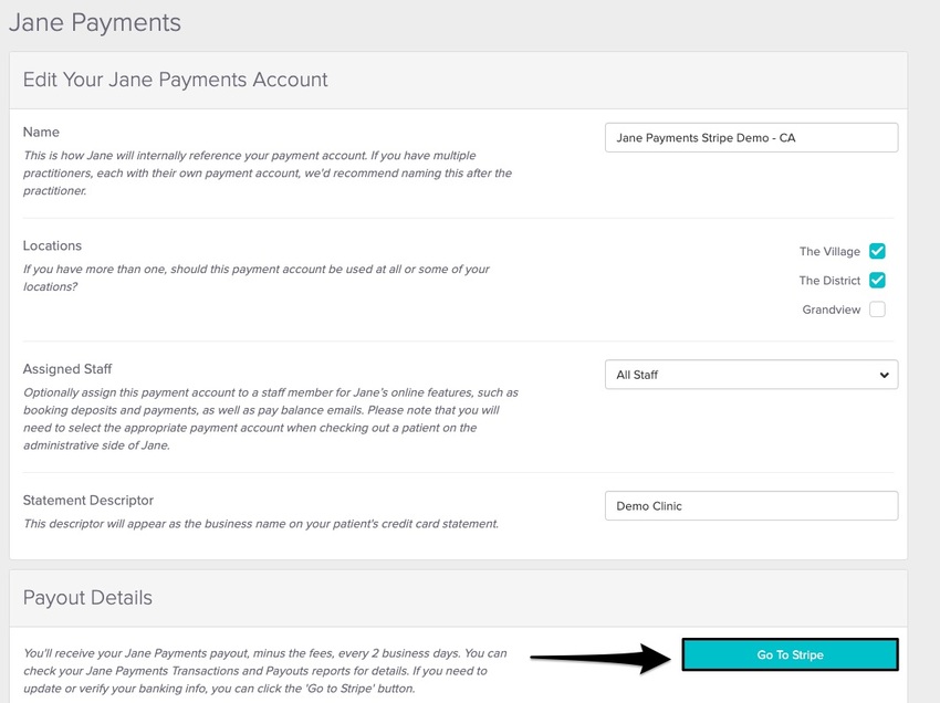 An image of where to view and click on the Go to Stripe button to be redirected to Stripe Express