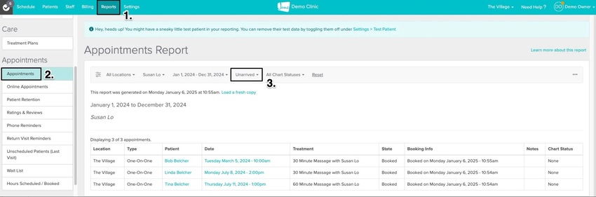 An image of where to view the appointments report and the change the filter
