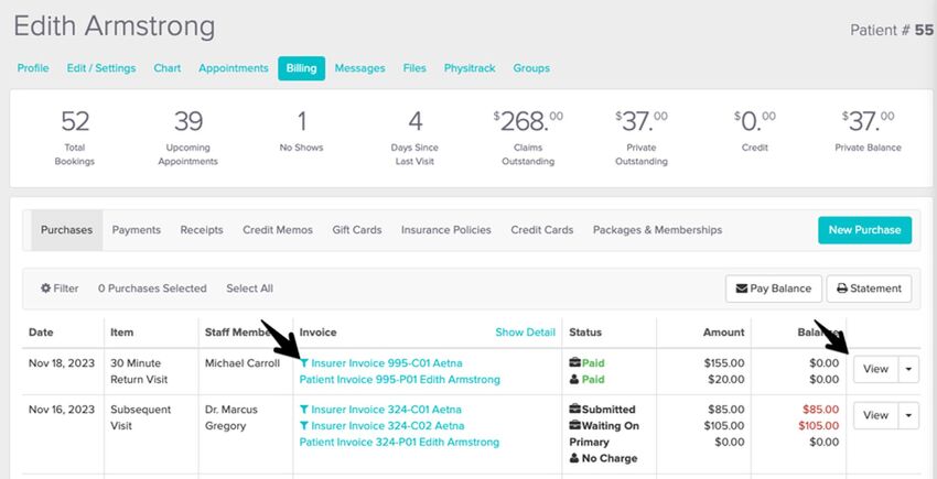 screenshot of navigation steps to access the payment through the patient's profile
