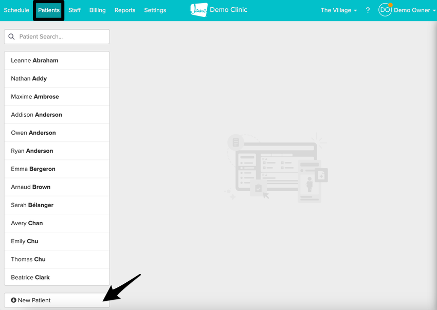 screenshot of the New Patient button on the Patients page, along with the patient list