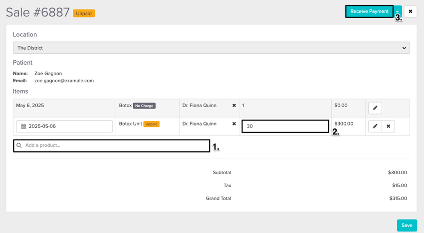 An image of what it looks like to add the product, update the units and to click on the receive payment button