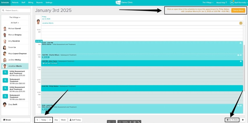 An image of where Jane will display the notice as well as where to find the arrows and date picker at the bottom of the page