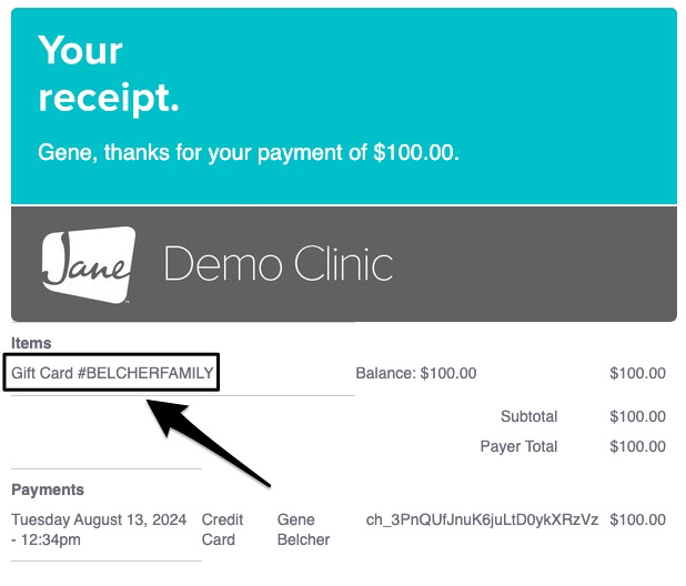 screenshot of where to find the gift card number on the emailed receipt
