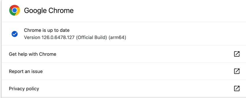 A screenshot when the Google Chrome browser is successfully up to date