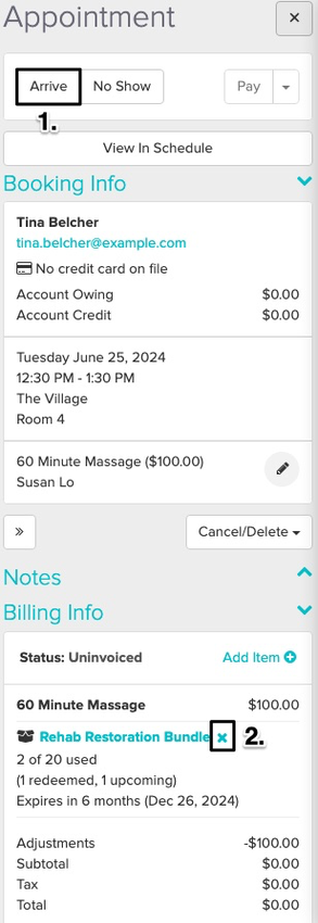 screenshot of the appointment panel scrolled down to the billing info section