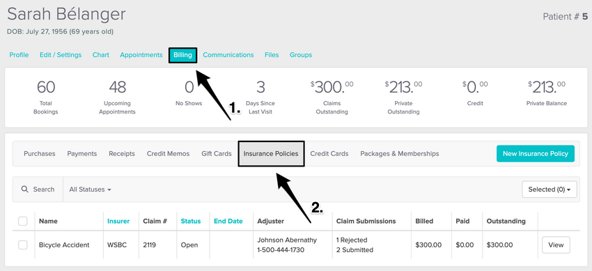 An image of where Jane redirects to the billing tab within a patient's profile