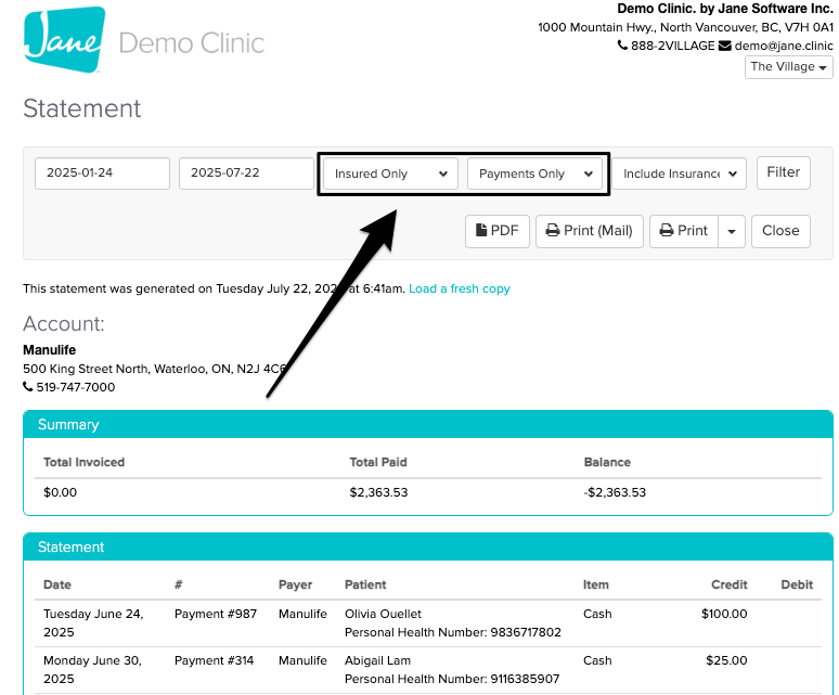 An image of what the statement looks like once it's filter to payments