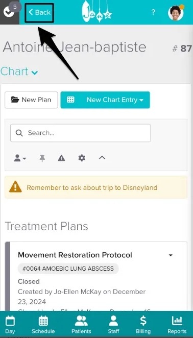 An image of where to view and tap on the Back button in the top left portion of the screen