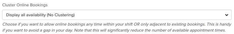 An image of what the cluster online booking setting looks like within the staff member's profile after they navigate to the online booking area