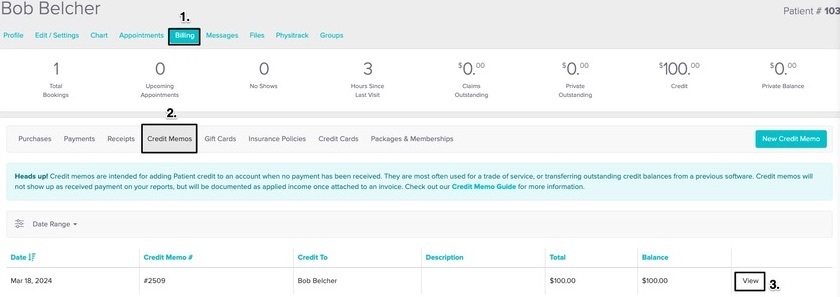 An image of the navigational steps to view a credit memo with a remaining balance