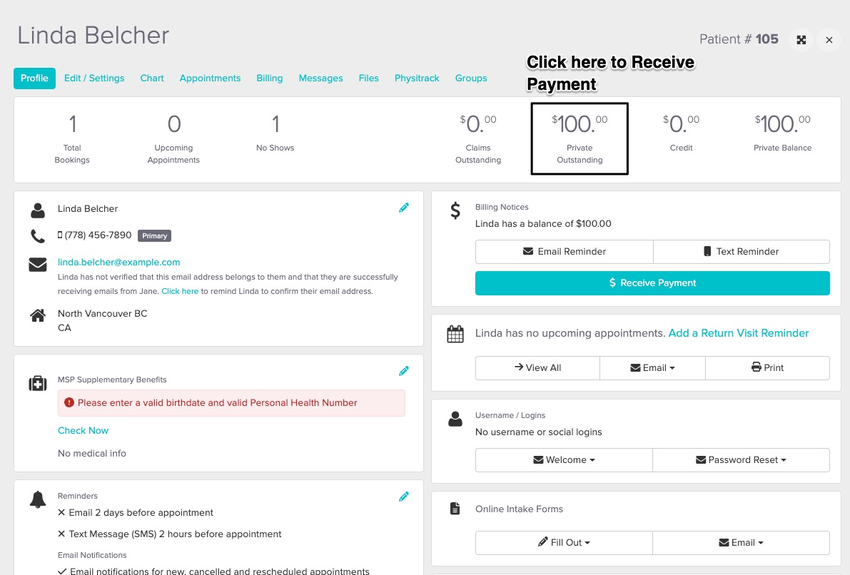 An image of where to view the private outstanding balance at the top of a patient's profile area