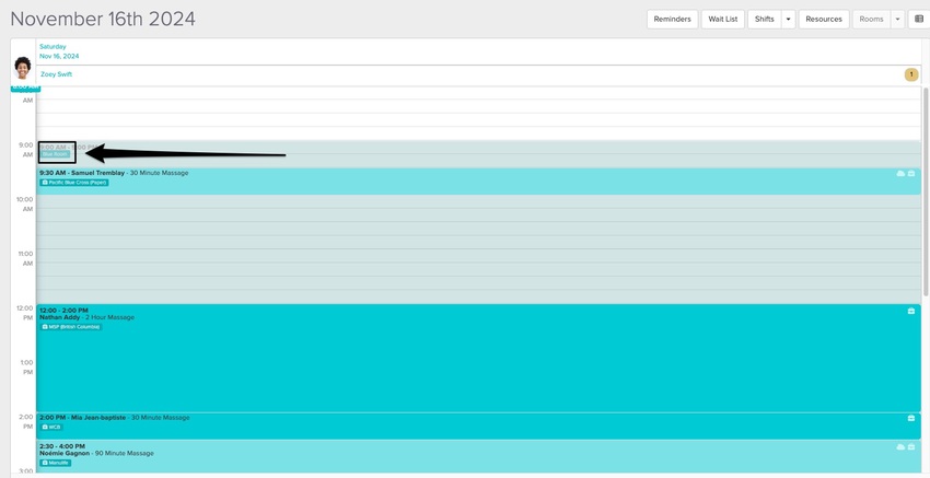 An image of where the room assignment is displayed on a shift in the top left corner