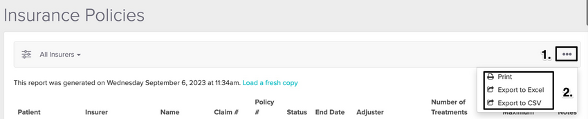 An image of the navigational steps to print out a list of insurance policies by insurer