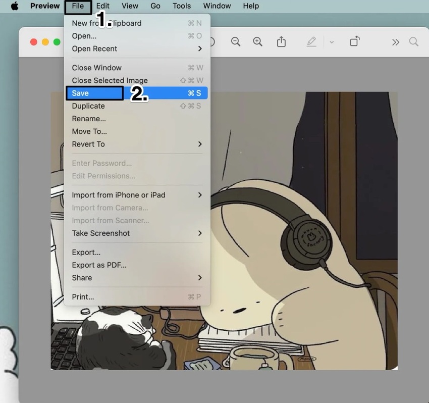 An image of the navigational steps and where to select Save within the dropdown menu options