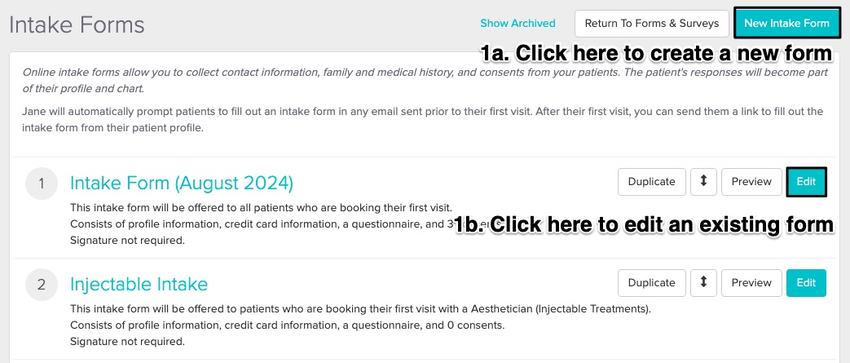 screenshot of where to edit or create a new intake form