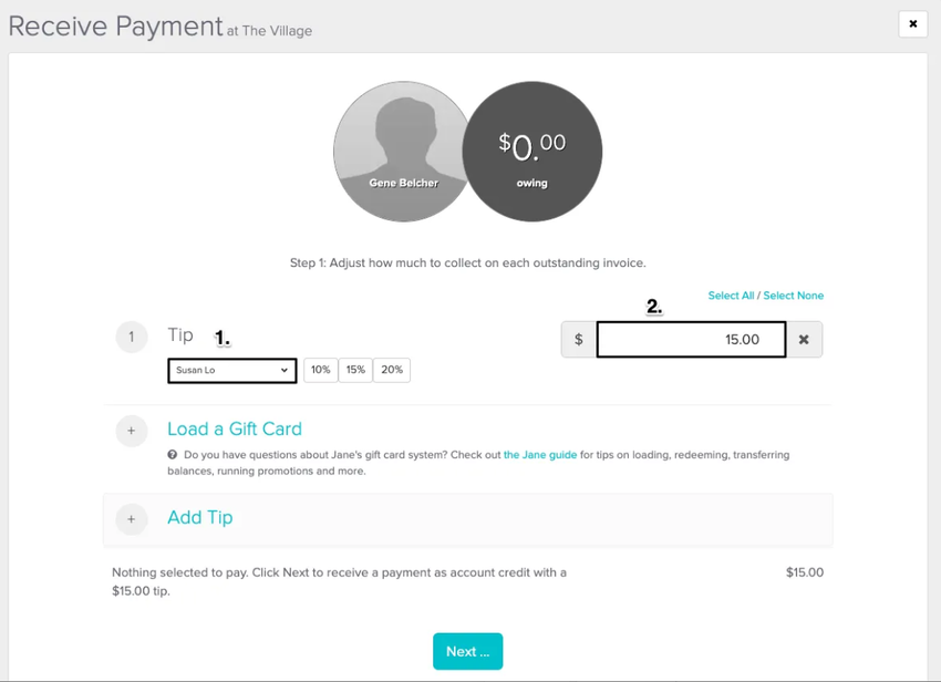 An image of the Receive Payment screen, where to select the staff member and where to enter the tip amount manually instead of using the percentage