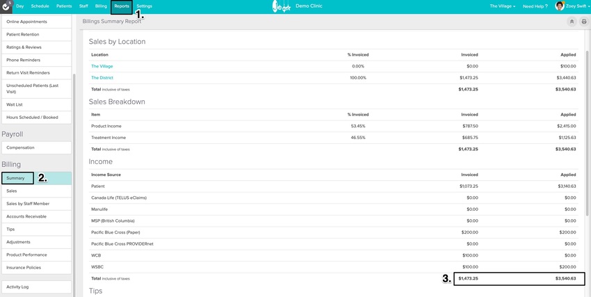 An image of the billing summary report and where to view the income section broken down by the income source