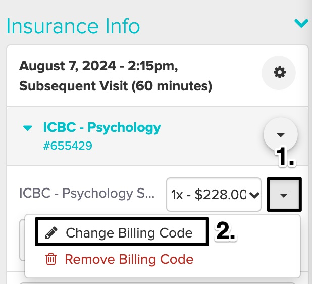screenshot of where to change the billing code within the appointment panel